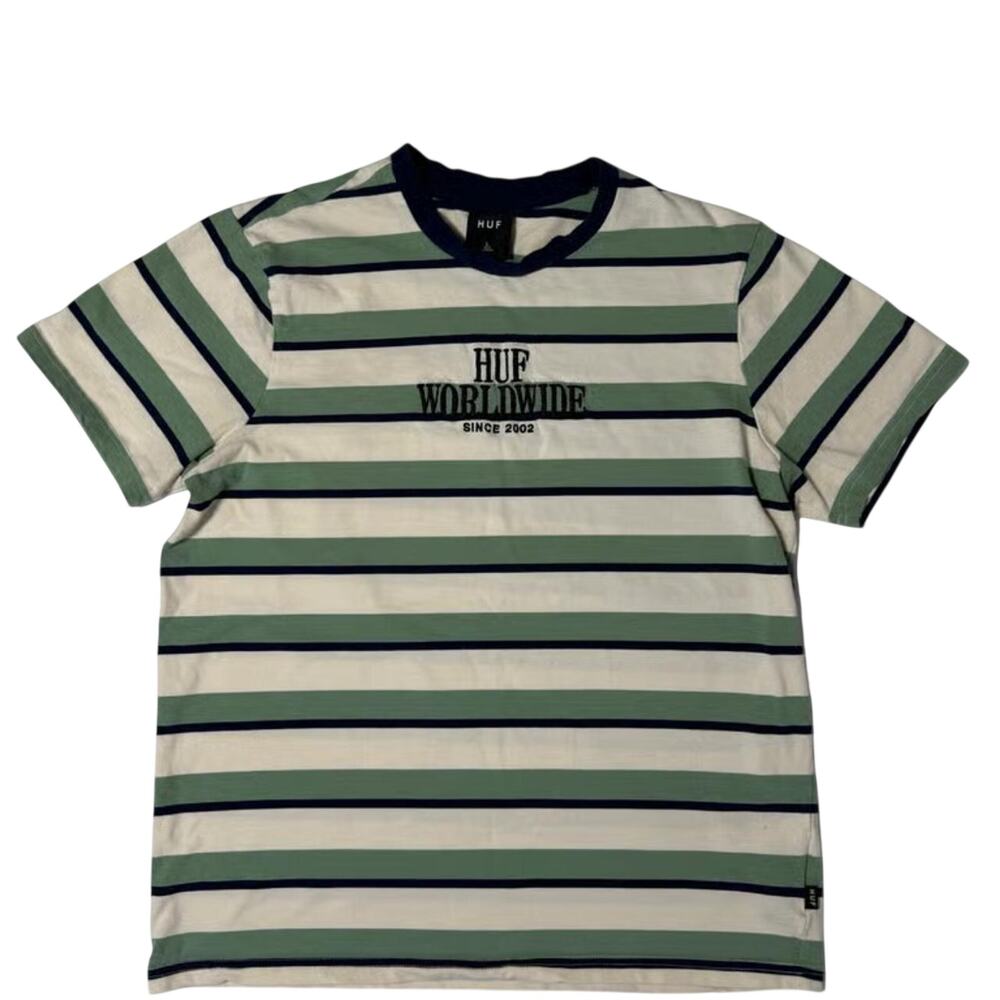 HUF Worldwide Regional Striped Sage Green Cream Navy Embroidered Tee Size L